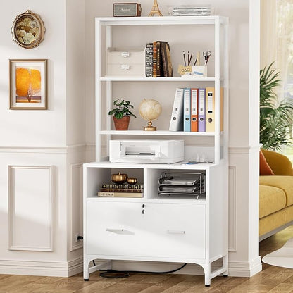 Homieasy Vertical File Cabinet with Charging Station, Lock & Large Drawer, Printer Stand with Storage Shelves, Office Storage Cabinet fits Letter/A4/Legal Size, White