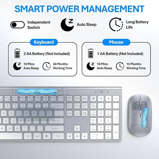 Wireless Keyboard and Mouse Combo, Full Size Keyboard and Mouse, Long Battery Life, Optical Mouse, 2.4G Lag-Free Cordless Mice Keyboard Set Ultra Slim Design for Computer, Laptop, PC, Mac (Silver)