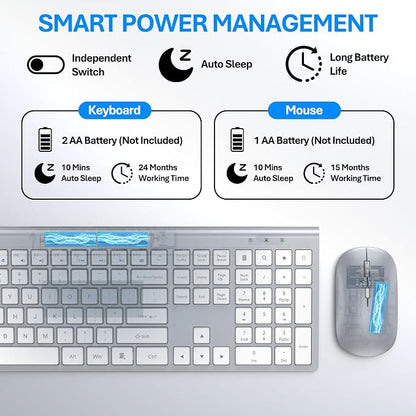 Wireless Keyboard and Mouse Combo, Full Size Keyboard and Mouse, Long Battery Life, Optical Mouse, 2.4G Lag-Free Cordless Mice Keyboard Set Ultra Slim Design for Computer, Laptop, PC, Mac (Silver)
