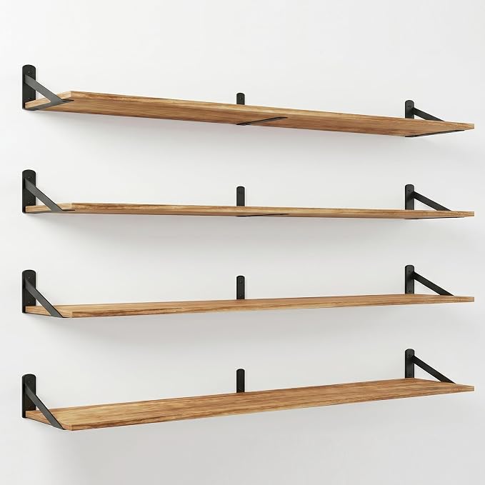 Long Wall Shelf,Large Floating Shelves for Wall,Wood Floating Bookshelves Hanging,Book Storage Display for Living Room Bedroom Office Bathroom Decor,4 Pack,57 Inch,Carbonized Black
