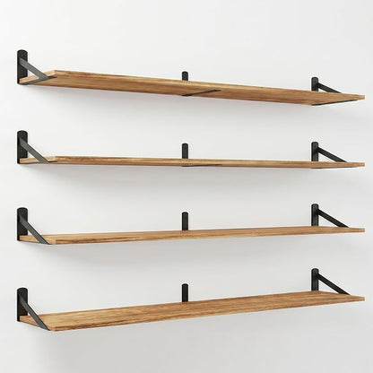 Long Wall Shelf,Large Floating Shelves for Wall,Wood Floating Bookshelves Hanging,Book Storage Display for Living Room Bedroom Office Bathroom Decor,4 Pack,57 Inch,Carbonized Black