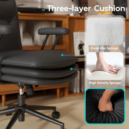 Black Leather Office Chair with Triple-Layer Seat, Home Desk Chair | Comfy 7.3-inch Thick Cushion, Mid Back Ergonomic Support for Long Hours, Smooth Silent Wheels, Mid-Century Vintage Style