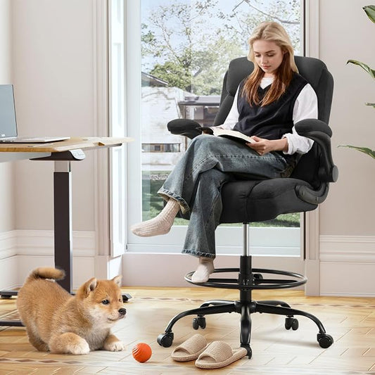 Drafting Chair Tall Office Chair for Standing Desk, Ergonomic Tall Desk Chair with Adjustable Foot Ring, Flip-Up Armrests, Lumbar Support, Comfortable Fabric Seat – Ideal for Home and Office Use