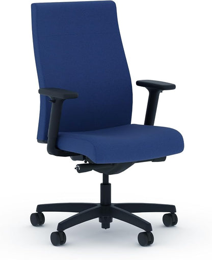HON Ignition 2.0 Ergonomic Office Chair with Adjustable Arms, Advanced Synchro‑Tilt Recline, Upholstered Desk and Computer Chair for Home Office or Workstation, Black Frame, Indigo
