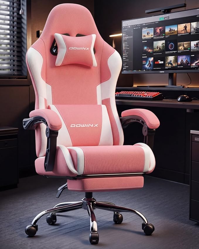Dowinx Ergonomic Gaming Chair with Footrest & Massage Lumbar, 2D-Linkage Armrests for Computer Chair 330lbs with Headrest Pillow for Office, Home, Streaming and Long Gaming Sessions, Fabric Pink White