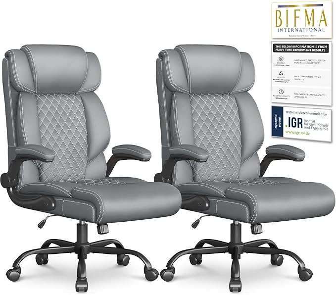 Office Chair-Executive High Back Breathable Big and Tall Office Chair Flip-up Armrests Lumbar Support-Ergonomic Leather Rolling Swivel Chair with Rock Function for Working Studying Gaming,2 Pack
