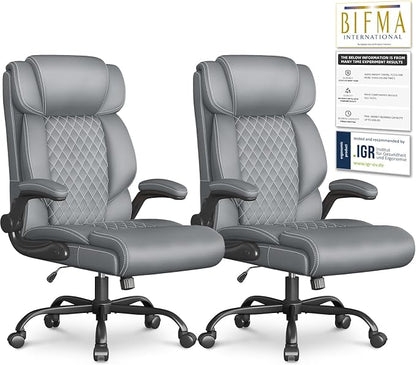 Office Chair-Executive High Back Breathable Big and Tall Office Chair Flip-up Armrests Lumbar Support-Ergonomic Leather Rolling Swivel Chair with Rock Function for Working Studying Gaming,2 Pack