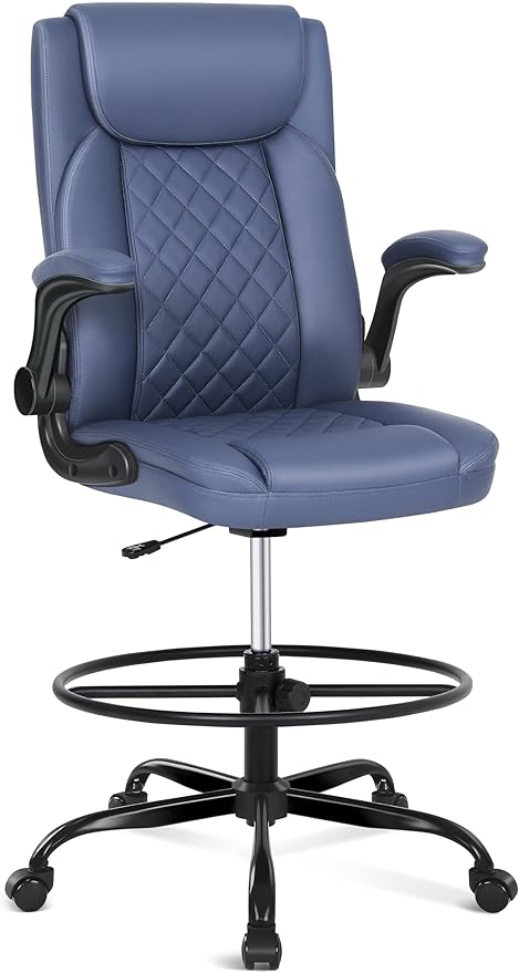 Misolant Drafting Chair with Footrest Ring, Tall Office Chair for Standing Desk, Standing Chair with Adjustable Height and Flip-up Armrest, PU Leather High