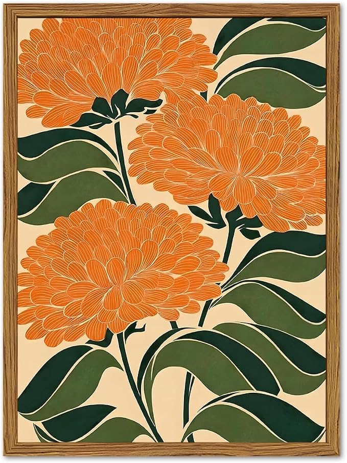 Framed Boho Floral Wall Art, Vintage Orange Flower Canvas Wall Decor Pictures, Mid Century Modern Abstract Botanical Paintings Prints Maximalist Home Decor for living Room Bedroom Office 16x24 inch