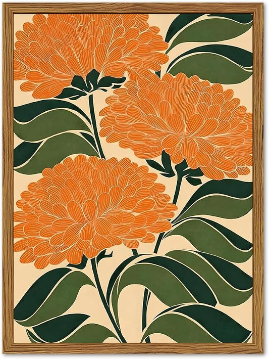 Framed Boho Floral Wall Art, Vintage Orange Flower Canvas Wall Decor Pictures, Mid Century Modern Abstract Botanical Paintings Prints Maximalist Home Decor for living Room Bedroom Office 16x24 inch