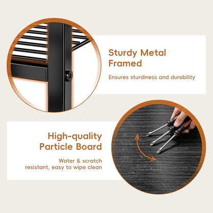 Industrial 3 Tier Printer Stand, Home Printer Wood Table with Wire Storage Shelf for Scanner Fax Machine, Heavy Duty Metal, Black with Burly Wood Board