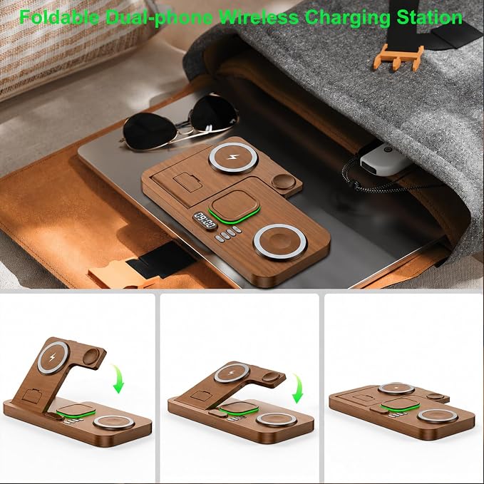 Dual Phone Wireless Charging Station for Apple Devices, Magnetic Charging Station for iPhone with Auto Switch 7-Color Light&Clock, Family Watch Charger for iPhone17 for iWatch11 for AirPods Pro3(Wood)