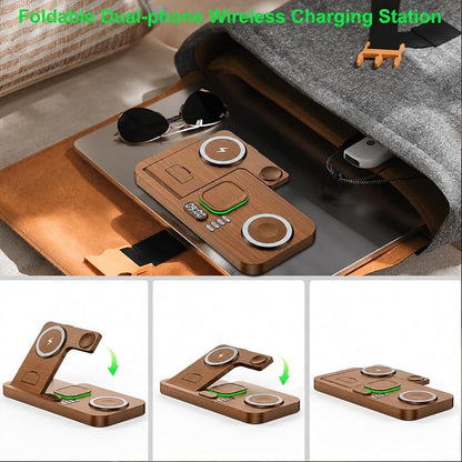 Dual Phone Wireless Charging Station for Apple Devices, Magnetic Charging Station for iPhone with Auto Switch 7-Color Light&Clock, Family Watch Charger for iPhone17 for iWatch11 for AirPods Pro3(Wood)