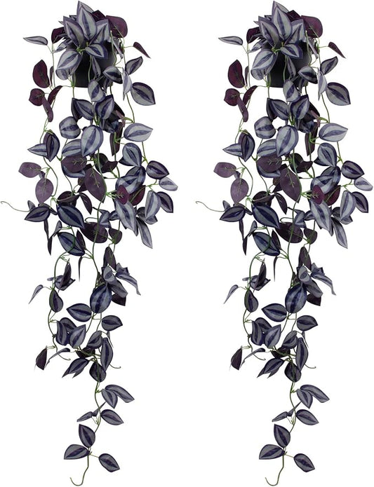 LOYWREE 2Pack Small Fake Hanging Purple Plant Artificial Potted Plants Indoor 39-in Long Faux Dark Black Vine Plant for Shelf Home Office and Outdoor Garden Decor (Black Pot)