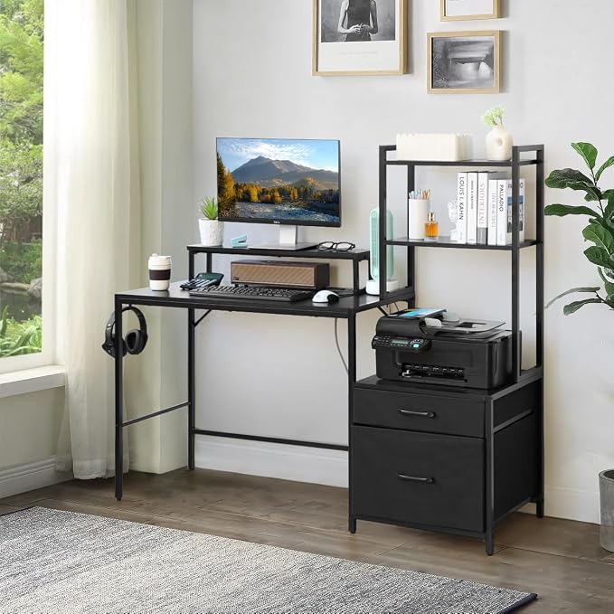 KATHY&BOB 59.1" Computer Desk with Power Outlets and Storage Shelves, Reversible Home Office Desk with 2 Fabric Drawers, Sturdy Writing Table with Detachable Monitor Stand for Small Spaces
