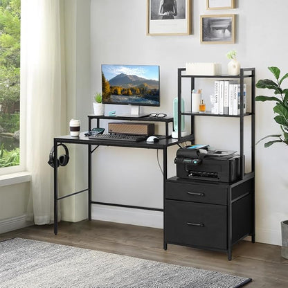 KATHY&BOB 59.1" Computer Desk with Power Outlets and Storage Shelves, Reversible Home Office Desk with 2 Fabric Drawers, Sturdy Writing Table with Detachable Monitor Stand for Small Spaces
