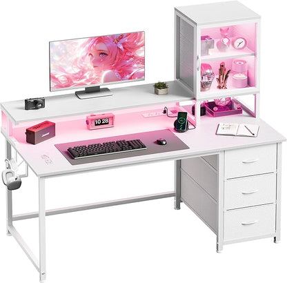 DurayLoly 47" White Computer Desk with 2 Acrylic Cabinet & 3 Fabric Drawers | Integrates Ample Storage & Display, Great Fit for Small Spaces, Outlets Suitable for Studying, Working & Gaming Equipments