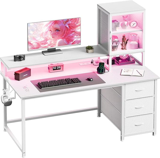 DurayLoly 47" White Computer Desk with 2 Acrylic Cabinet & 3 Fabric Drawers | Integrates Ample Storage & Display, Great Fit for Small Spaces, Outlets Suitable for Studying, Working & Gaming Equipments
