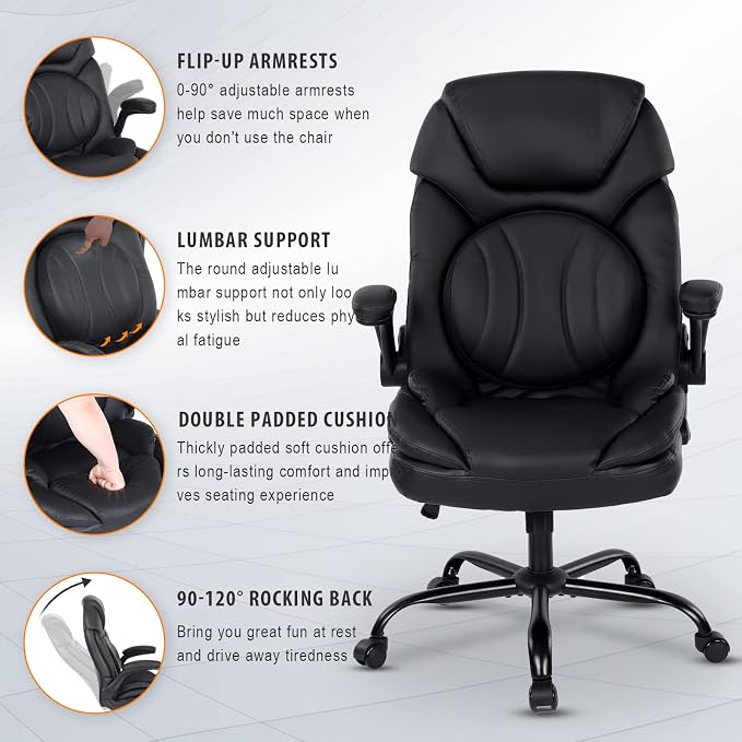 Ergonomic Office Desk Chair with Back Support Flip-up Arms, Comfy Executive Office Chair, Black