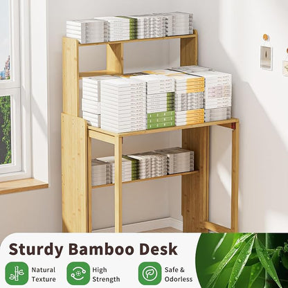 Bamboo Folding Desk for Small Spaces with Storage, Mid Century Foldable Desk with Bookshelf, Small Desks with Storage for Home Office Bedroom, Natural