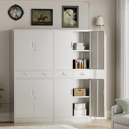 Metal Storage Cabinet with 2 Drawers 71" H,White Metal Garage Cabinets with 2 Lockable Doors and Adjustable Shelves, Locking Cabinet for Home Office,Pantry,Garage,Warehouse
