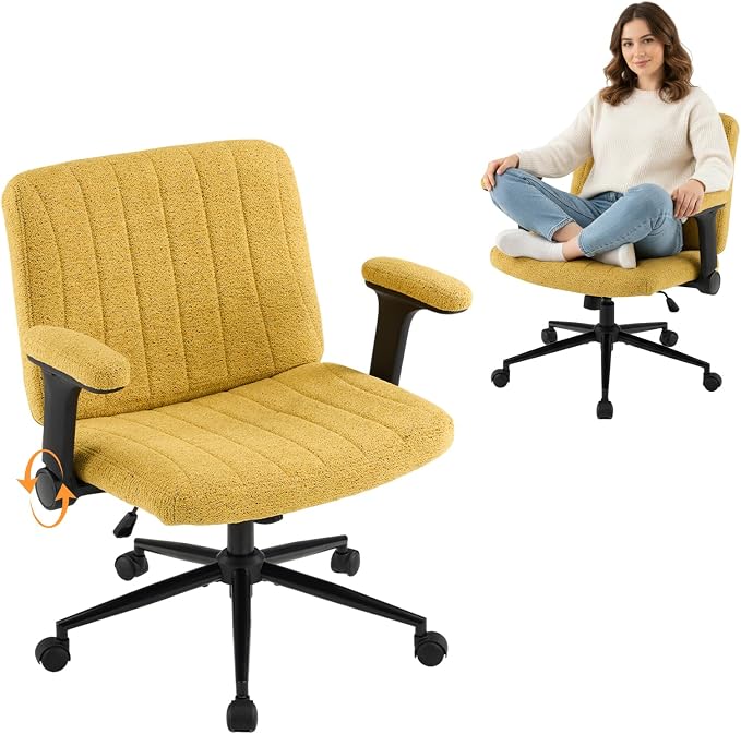 VINGLI Criss Cross Chair with Adjustable Flip-Up Arms,Cross Legged Chair with Wheels,Extra Wide Office Chair,Desk Chair for Home Office,Vanity,Bedroom, Apartment,Starry Chenille,Pale Yellow