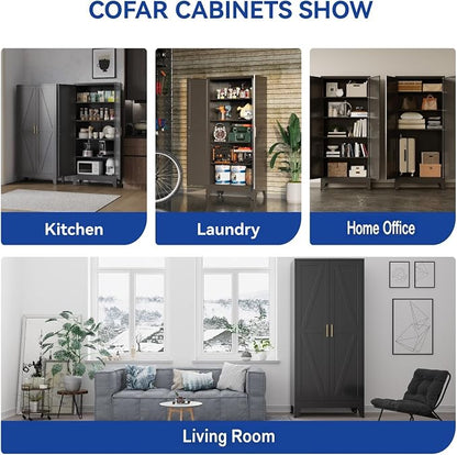 COFaR Metal Pantry Cabinet with Doors, Farmhouse 71'' Tall Storage Cabinet with 4 Adjustable Shelves, Kitchen Pantry Cabinet for Dinning Room, Garage, Laundry, Bathroom, Black 5-Tier