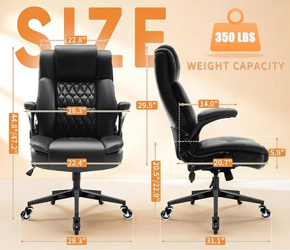 Large High Back Office Chair - Adjustable Lumbar Support, Flip Up Arms, Heavy Duty Metal Base, Breathable Bonded Leather, 2 Storage Bags, Black