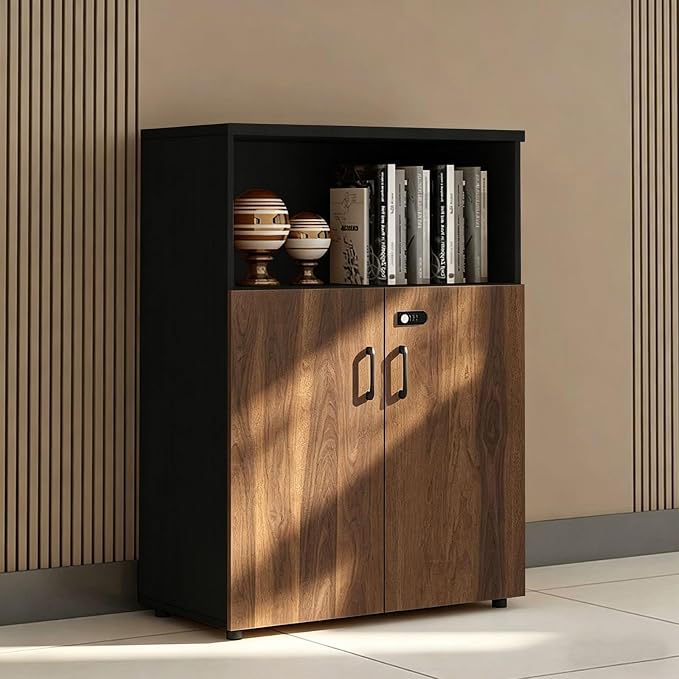 File Cabinet with Password Lock, Wood Lateral Filing Cabinet for Letter/A4 Files, 3 Drawer with Door, Printer Stand with Open Shelves for Home Office