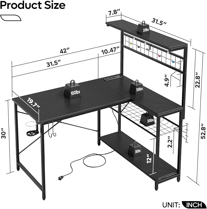 Bestier 42 L Gaming Desk,Computer Desk with Power Outlets, LED Lights, Reversible Corner Desk with 4-Tier Shelves,Cup Holder & Hook Carbon Fiber Black