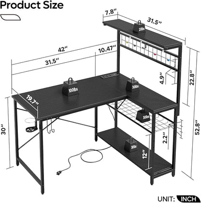 Bestier 42 L Gaming Desk,Computer Desk with Power Outlets, LED Lights, Reversible Corner Desk with 4-Tier Shelves,Cup Holder & Hook Carbon Fiber Black