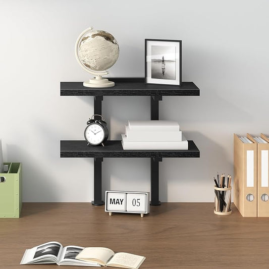 MAHANCRIS Clamp On Desk Organizer, 2-Tier Desktop Bookshelf, Adjustable Desk Storage Shelf, Metal Frame, for Office, Study and Game Room, Black DSBK3501