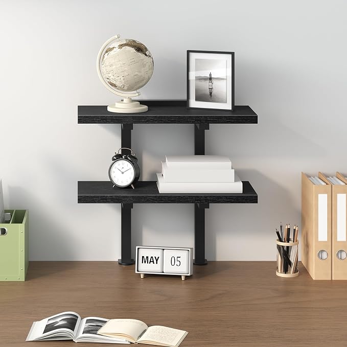 MAHANCRIS Clamp On Desk Organizer, 2-Tier Desktop Bookshelf, Adjustable Desk Storage Shelf, Metal Frame, for Office, Study and Game Room, Black DSBK3501 (Pack of 2)