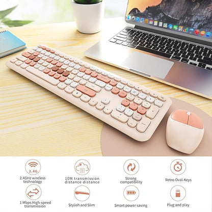 Wireless Keyboard and Mouse Combo, Cute Brown Retro Typewriter Keyboard with Number Pad, 2.4GHz USB Receiver + Type-C Adapter, Plug and Play for Laptop, Desktop, PC, Chromebook