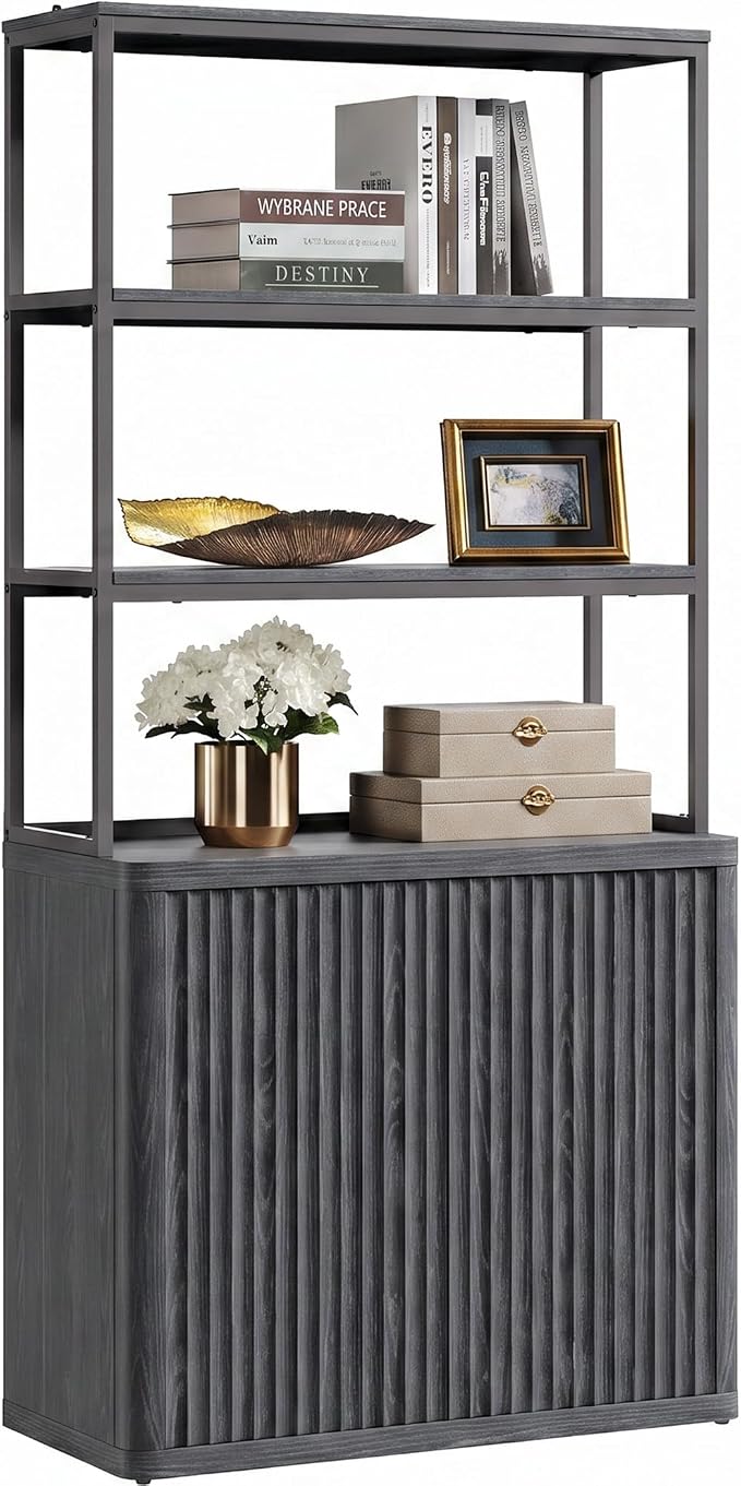 SICOTAS Book Shelf Fluted Bookshelf 71" Tall Bookcase with Doors Storage 5 Tier Mid Century Modern Bookshelves Large Shelves Metal Book Cases for Living Room Office Kitchen Library