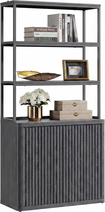 SICOTAS Book Shelf Fluted Bookshelf 71" Tall Bookcase with Doors Storage 5 Tier Mid Century Modern Bookshelves Large Shelves Metal Book Cases for Living Room Office Kitchen Library