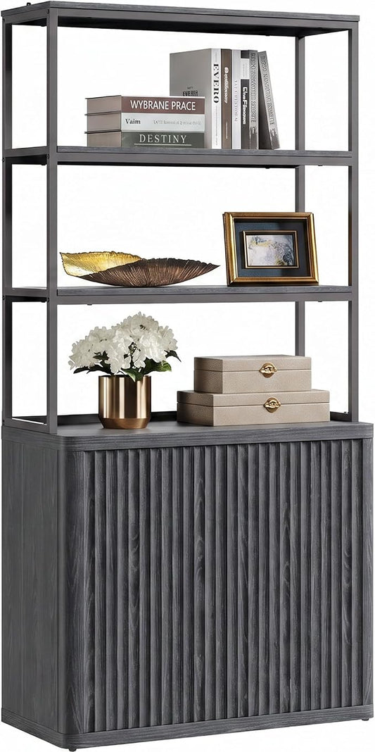 SICOTAS Book Shelf Fluted Bookshelf 71" Tall Bookcase with Doors Storage 5 Tier Mid Century Modern Bookshelves Large Shelves Metal Book Cases for Living Room Office Kitchen Library