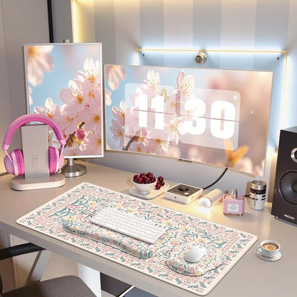 iCasso Desk Pad Mat, Large Mouse Pad and Keyboard Wrist Rest Set, Desk Protector Mat,4in1 Ergonomic Carpal Tunnel Keyboard Pad with Wrist Support for Desktop Cover Home Office Computer(Pink Flowers)