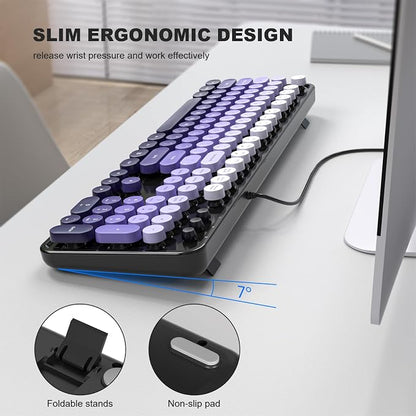 MOWUX Computer Keyboard Wired, Plug and Play USB Retro Round Typewriter Keyboard, Full Size Wired Keyboard with Foldable Stands for Laptop and Office PC- Black Purple Gradient