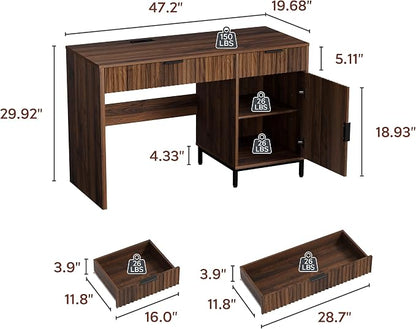 47" Office Desk with Fluted Drawers, Wooden Home Exectuive Desk with Storage Cabinet, Charging Station, Metal Legs Modern Farmhouse Computer Desk for Work, Study, Brown