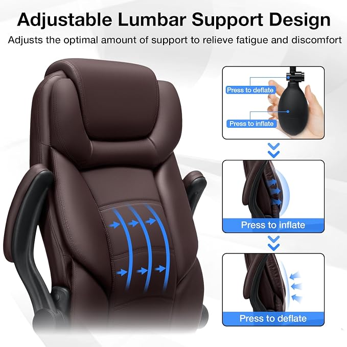 Big and Tall Office Chair 450lbs Heavy Duty Executive Desk Chair with Adjustable Lumbar Support High Back Ergonomic Home Computer Leather Chair with Padded Flip-up Arms for Heavy People,Brown