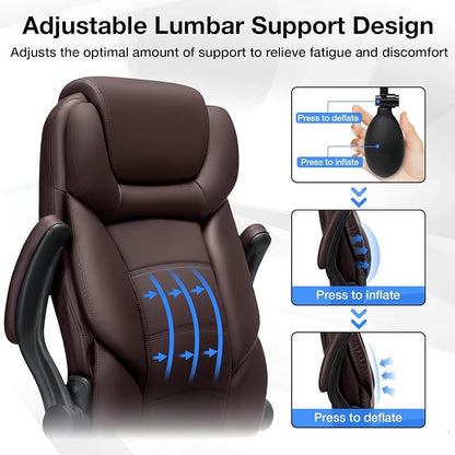 Big and Tall Office Chair 450lbs Heavy Duty Executive Desk Chair with Adjustable Lumbar Support High Back Ergonomic Home Computer Leather Chair with Padded Flip-up Arms for Heavy People,Brown