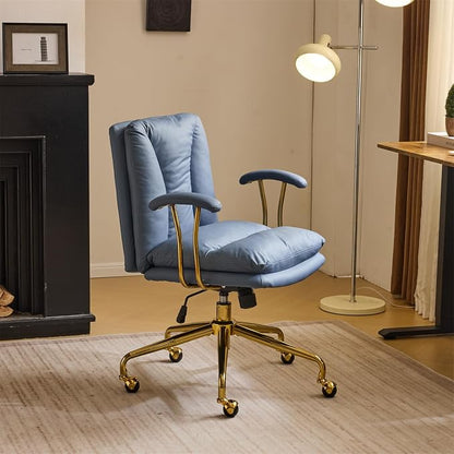 VINGLI Home Office Desk Chair Comfy with Wheels & Armrests,Gold Base Vanity Chair with Back,Adjustable Rolling Swivel Computer Task Chair for Study,Home Office,Cat Scratch PU,Navy Blue