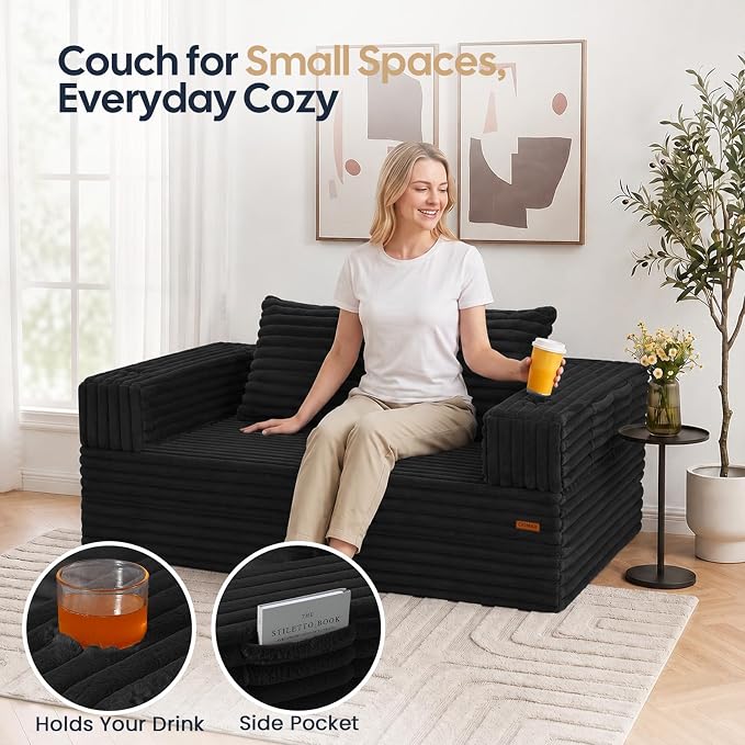 COMAX Futon Sofa Bed, 4‑in‑1 Convertible Sofa Bed, Folding Boneless Couches | Boneless Couch for living room, Fold Out Small Foldable Loveseat Floor Sleeper Mattress Lounge Space‑Saving, Jet Black