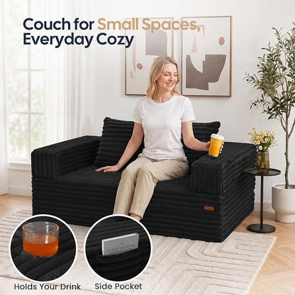 COMAX Futon Sofa Bed, 4‑in‑1 Convertible Sofa Bed, Folding Boneless Couches | Boneless Couch for living room, Fold Out Small Foldable Loveseat Floor Sleeper Mattress Lounge Space‑Saving, Jet Black