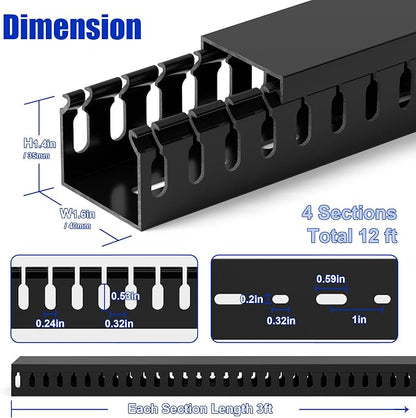 ZhiYo H1.4 x W1.6in Server Rack Cable Management Raceway, 12ft (4xL3ft) Cable Duct Kit, Electrically Safe PVC for Network Wire Management, Open Slot Cord Hider for Computer Under Desk, Black
