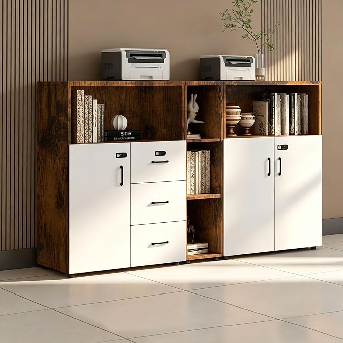 File Cabinet with Password Lock, Wood Lateral Filing Cabinet for Letter/A4 Files, 3 Drawer with Door, Printer Stand with Open Shelves for Home Office
