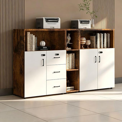 File Cabinet with Password Lock, Wood Lateral Filing Cabinet for Letter/A4 Files, 3 Drawer with Door, Printer Stand with Open Shelves for Home Office