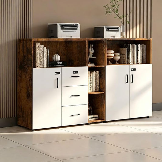 File Cabinet with Password Lock, Wood Lateral Filing Cabinet for Letter/A4 Files, 3 Drawer with Door, Printer Stand with Open Shelves for Home Office