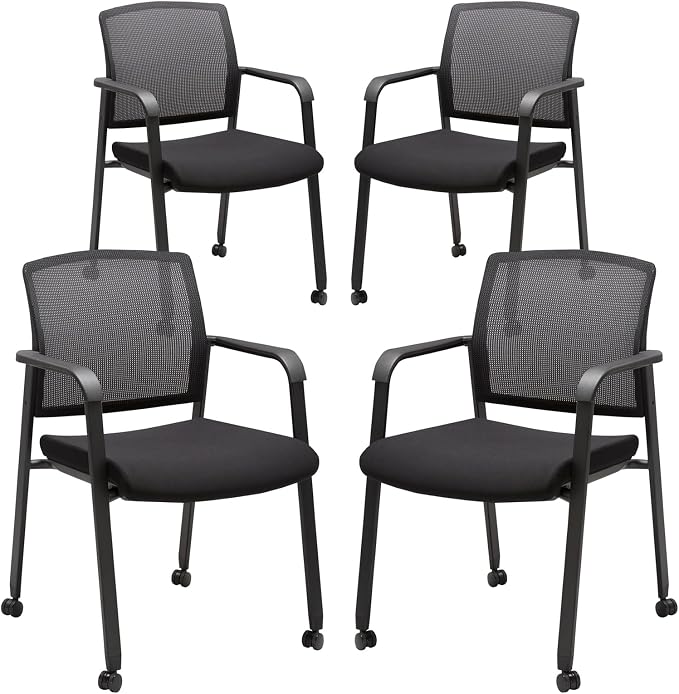 CLATINA Mesh Back Guest Reception Arm Chairs with Wheels, Waiting Room Chairs with Upholstered Fabric Seat and Ergonomic Lumbar Support for Office Conference School Church Black (4 Pack)